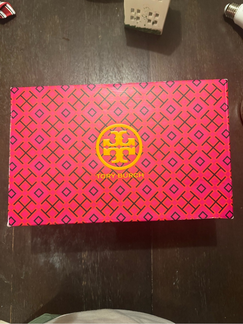 Tory Burch Pink Box with Yellow Logo and Geometric Print
